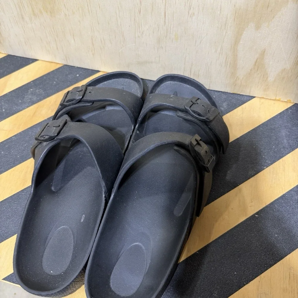 Black Double Strap Slide Sandals Womens Size 11 Buckle‎ Comfort Casual Slip On